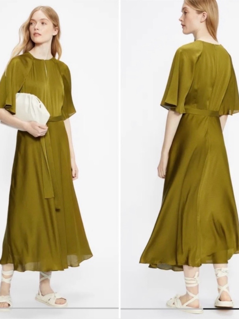 Ted Baker London Olive Green Dress with Flutter Sleeves and Belt | US6/TB 2